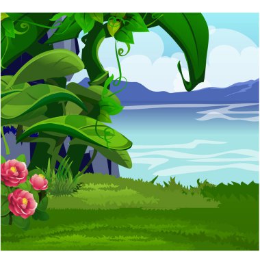 Yeşil çimenler ve pembe çiçeklerle gölün kıyısı olan resim gibi bir manzara. Vahşi yaşam temalı güzel bir poster ya da afiş taslağı. Vektör karikatürü yakın çekim illüstrasyonu.