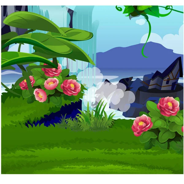 Malerische Landschaft mit einem Ufer des Sees mit grünem Gras und rosa Blumen. Skizze eines schönen Posters oder Plakats zum Thema Natur. Vektorzeichentrickfilm in Nahaufnahme. — Stockvektor