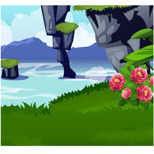 Malerische Landschaft mit einem Ufer des Sees mit grünem Gras und rosa Blumen. Skizze eines schönen Posters oder Plakats zum Thema Natur. Vektorzeichentrickfilm in Nahaufnahme. — Stockvektor