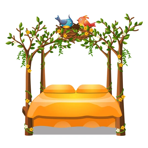 Nette orangefarbene Bett mit Dekor Form eines Rahmens von Stämmen von Bäumen mit Nest mit den Vögeln auf weißem Hintergrund isoliert. Vektorzeichentrickfilm in Nahaufnahme. — Stockvektor