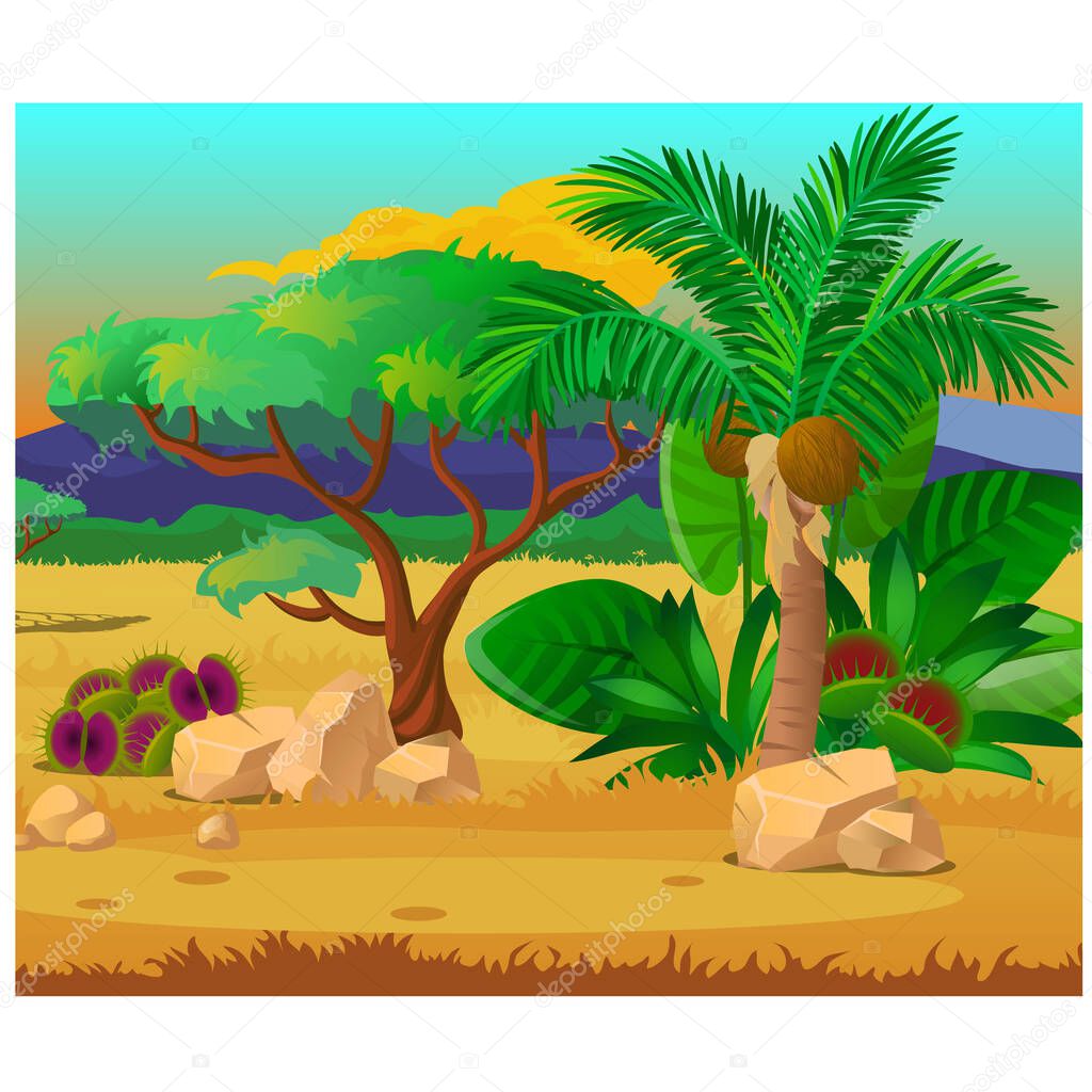 Picturesque landscape with a coconut palm tree, rocks and carnivorous plants. Sketch of a beautiful poster or placard on the theme of wildlife nature. Vector cartoon close-up illustration.