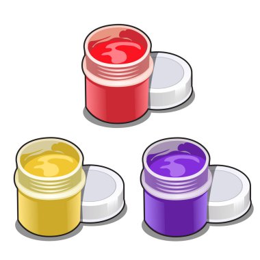 Beyaz arka planda izole edilmiş renkli boyalı açık plastik kavanozlar. Vektör karikatürü yakın çekim illüstrasyonu.