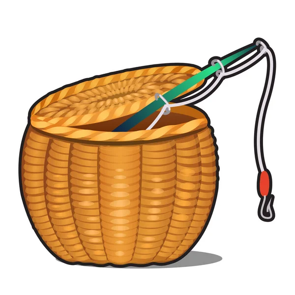 Рыболовный стержень в плетеной корзине изолированы на белом фоне. Векторная иллюстрация крупным планом . — стоковый вектор