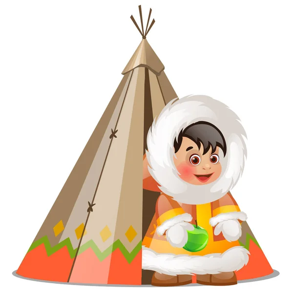 Bébé inuit tenant une pomme verte et une tente d'été en peaux de phoque isolées sur fond blanc. Illustration en gros plan de dessin animé vectoriel . Vecteur En Vente