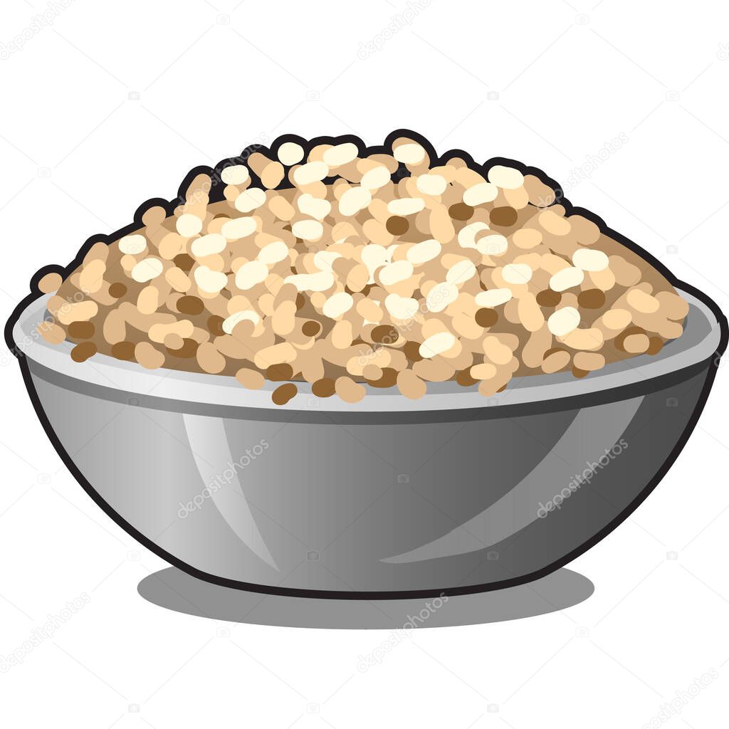 Ceramic bowl with cereal flakes isolated on white background. Organic food healthy diet and fitness menu. Vector cartoon close-up illustration.