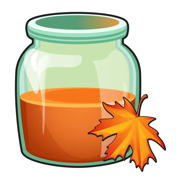 Transparent glass jar with orange liquid and maple leaf isolated on white background. Vector cartoon close-up illustration. — Stock Vector