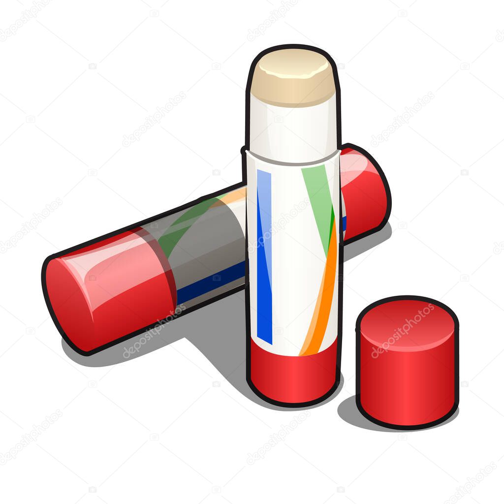 Glue stick in plastic box isolated on a white background. Vector cartoon close-up illustration.
