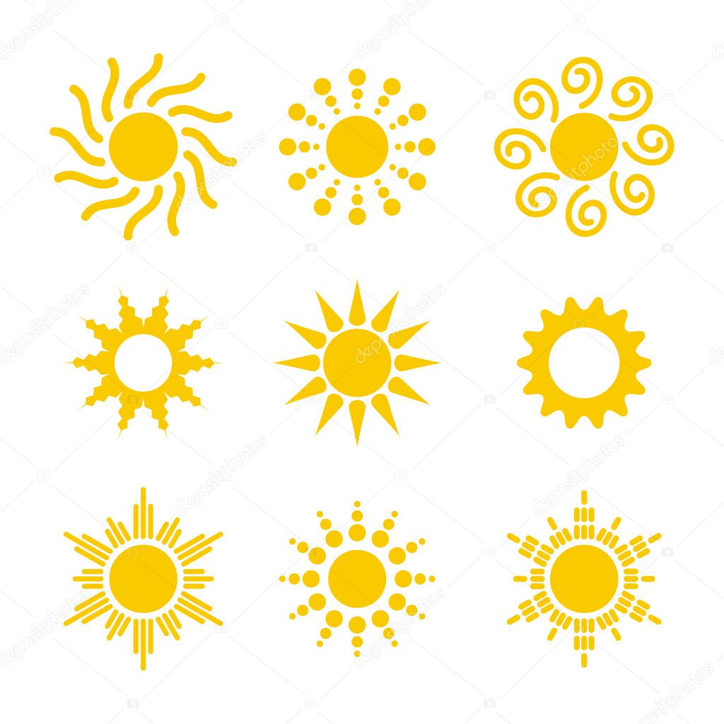 Sun icon vector set in a flat style. Different icons for sun logo. Collection of sun icons isolated on white background. Set of various icons with sun rays