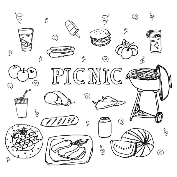 Hand drawn doodle picnic icons set — Stock Vector