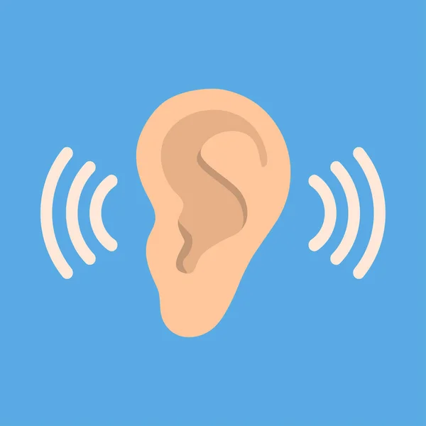 Ear listen vector icon on blue background. Ear vector icon. Listening vector icon. — Stock Vector
