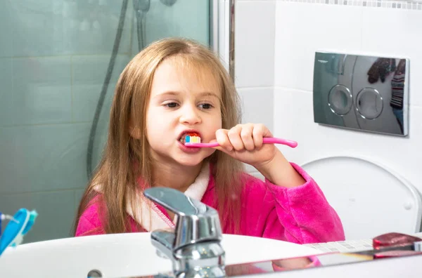 Baby Girl Brushing Her Teeth in the Morning at Bathroom — Stock Photo, Image