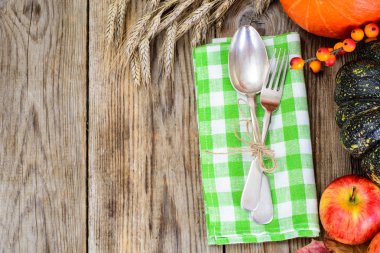 Mevsimlik sofra sonbahar kabak, elma, çilek, koni ile