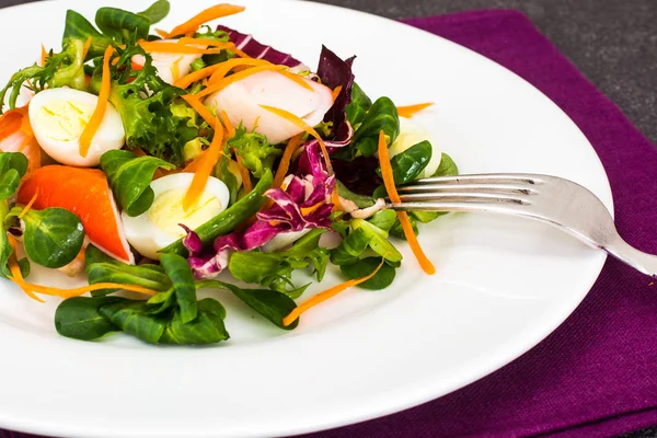 Ensalada de maíz con achicoria, escarola, palitos de cangrejo y codorniz E —  Fotos de Stock