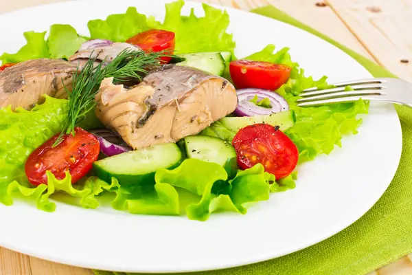 Salada com Alface, Tomate, Pepino e Atum Enlatado — Fotografia de Stock