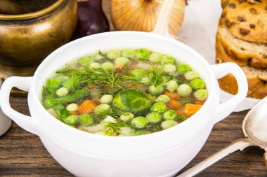 Karnabahar, Brüksel lahanası, yeşil fasulye, bezelye, Carr ile çorbası