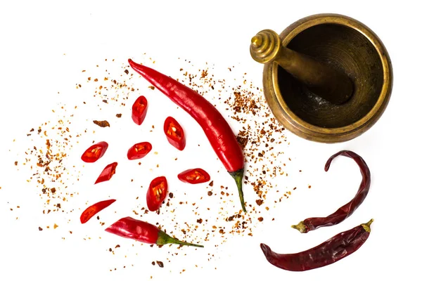 Chili, piros paprika pehely, a tyúkszem és a chili por — Stock Fotó