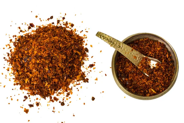 Chili, Paprika Flocken, Hühneraugen und Chilipulver — Stockfoto