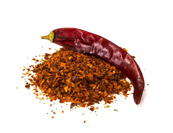 Chili, red pepper flakes, corns and chili powder — Stock Photo, Image