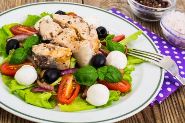 Taze sebze, ton balığı, zeytin ve mozzarella peyniri