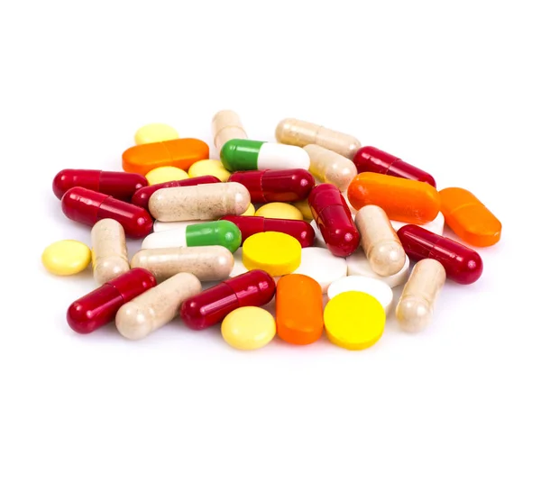 Фармацевтические красочные таблетки, капсулы, поливитамины, добавки — стоковое фото