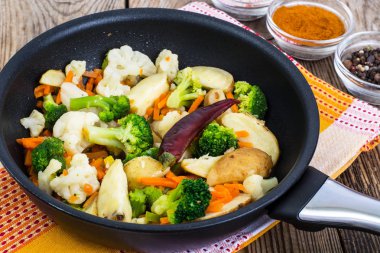 Sebze kızartma tavası arka plan üzerinde eski kurulları karışık