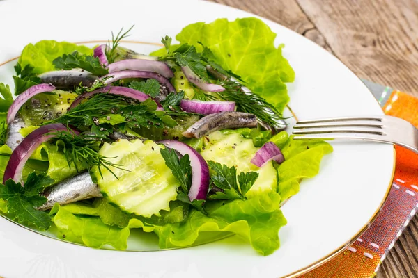 Färska grönsaker sallad med ansjovis — Stockfoto