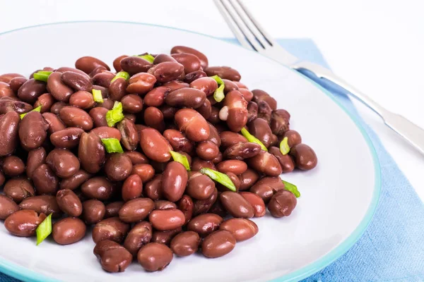 Prato picante de feijão vermelho com cebola verde e especiarias — Fotografia de Stock