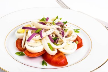 Beyaz arka plan üzerinde squid ile deniz ürünleri salatası