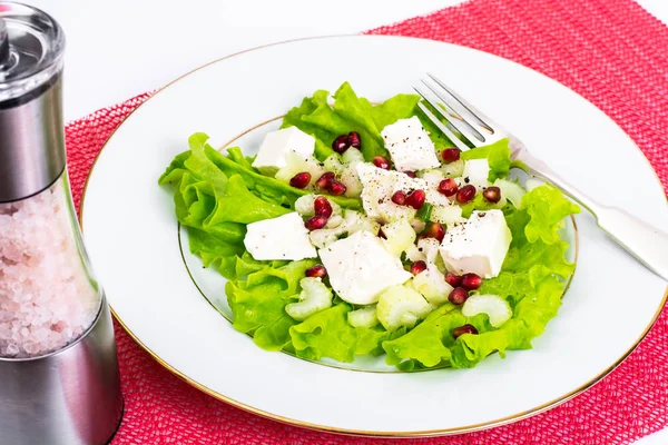 Sallad, selleri, fetaost, granatäpplekärnor på en vit — Stockfoto