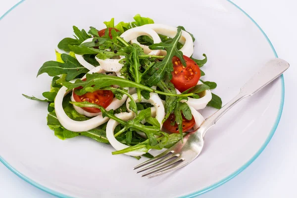 Calamari cotti, rucola fresca, pomodori, olio, spezie — Foto Stock