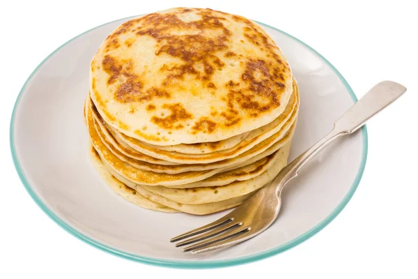 Stack of fried vanilla pancakes on plate on white background — Stock Photo, Image