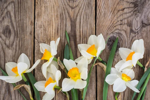 Buquê de narcisos no fundo de madeira — Fotografia de Stock