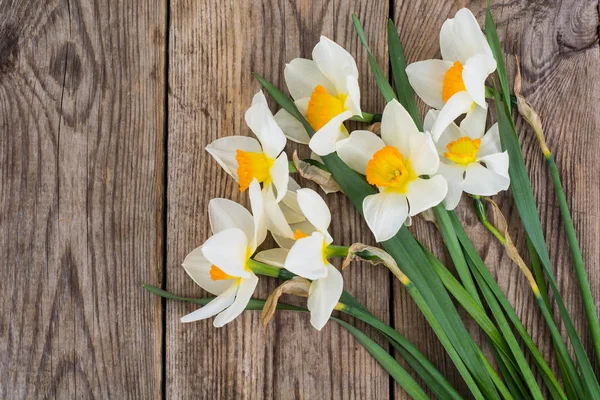 Buquê de narcisos no fundo de madeira — Fotografia de Stock