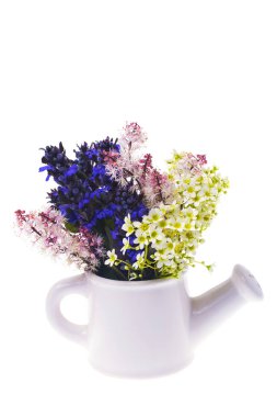 Göl kenarında çiçekli beyaz arka plan üzerinde yaratıcı vazo.