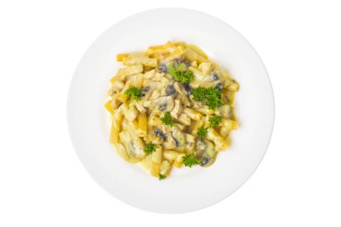 Makarna sosu, mantar, tavuk beyaz plaka üzerinde.