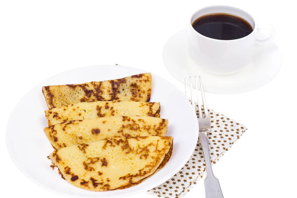 Crispy thin pancakes on plate, light background