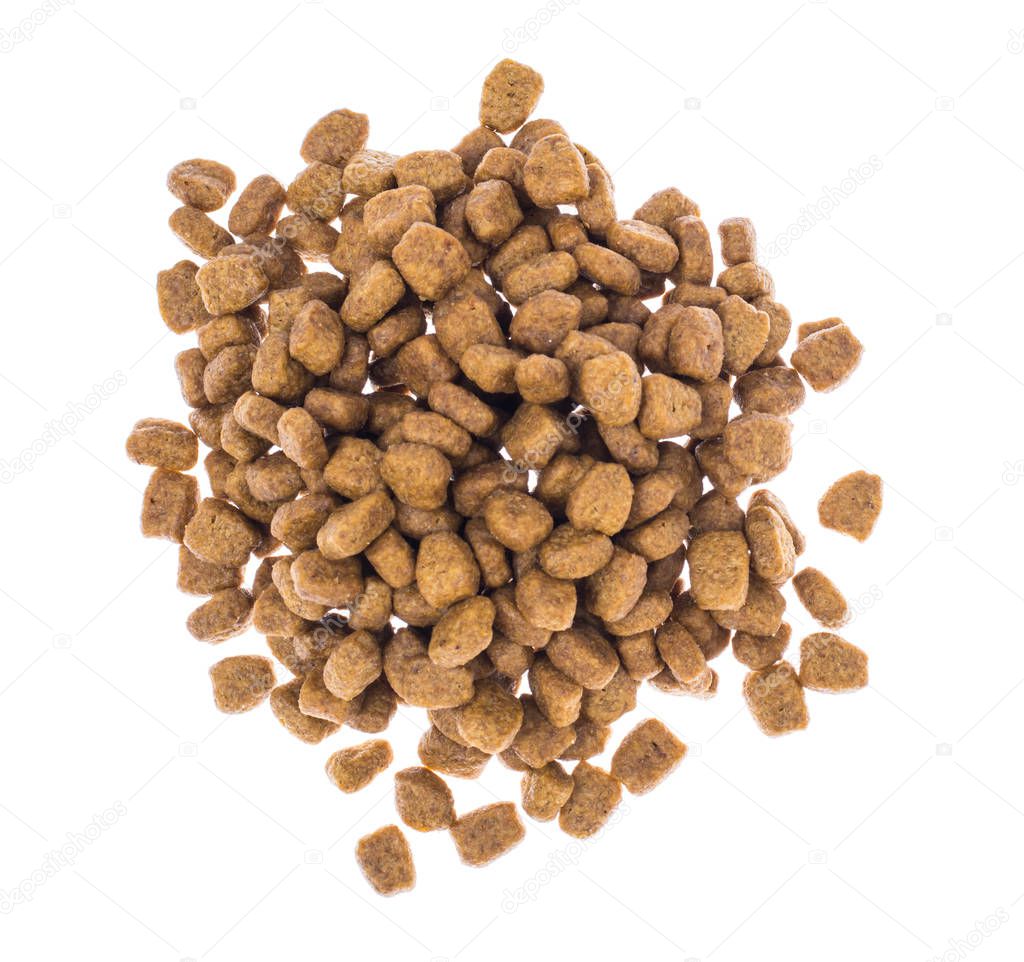Pile of granulated animal feeds on white background