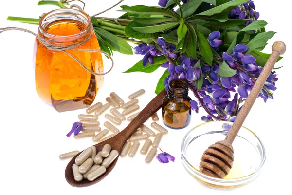 Medicinal herbs, honey,  natural capsules and pills in medicine — Stock Photo, Image