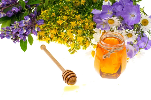 Medicinal herbs and honey in folk medicine — Stock Photo, Image