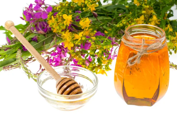 Hierbas medicinales y miel en la medicina popular —  Fotos de Stock