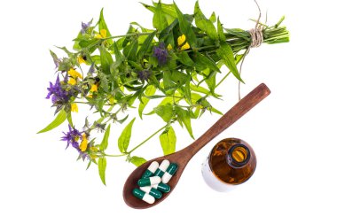 Homeopati. Bitkisel kapsül, beyaz adam üzerinde şifalı bitkiler