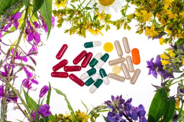 Homeopati. Bitkisel kapsül, beyaz adam üzerinde şifalı bitkiler