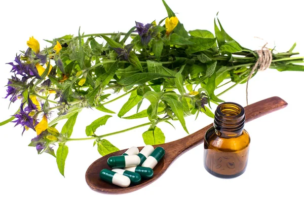Homeopathy. Herbal capsules, medicinal plants on white backgroun — Stock Photo, Image