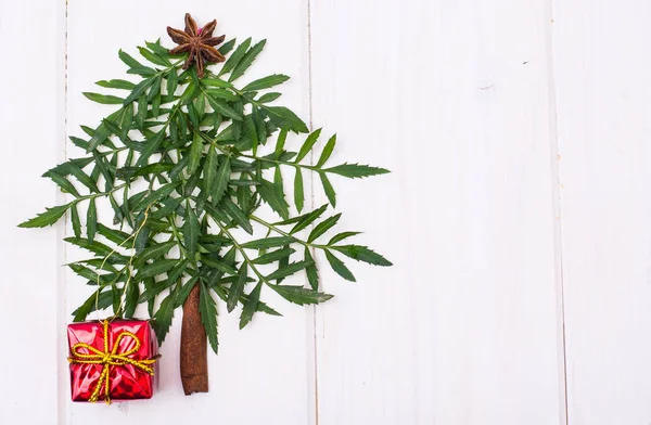 Minimalistischer Weihnachtsbaum aus Gartenpflanzen auf weißen Brettern — Stockfoto