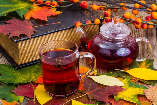 Aromatik kırmızı çay, kitap, ahşap masa üzerinde renkli sonbahar yaprakları