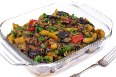 Cam form pişmiş sebze ile. Vejetaryen yiyecekler