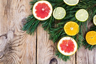 Greyfurt, mandalina, limon, limon, Kamkat ile Noel ağacı gıda arka plan