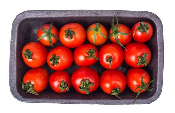Siyah plastik kalıp küçük kiraz domates — Stok fotoğraf