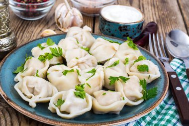 Rus yemekleri. Ev yapımı mantı dolma et