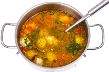 Sebze çorbası ve et topları ile pan